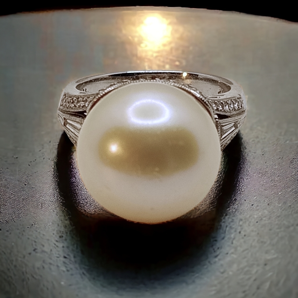 18K White Gold Diamond & 13.5MM Pearl Ring